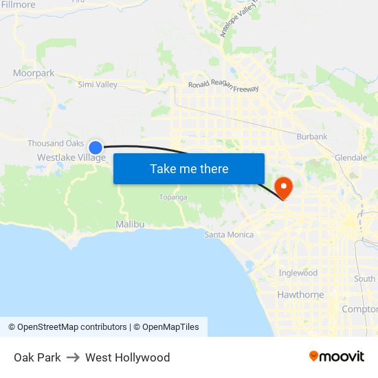 Oak Park to West Hollywood map