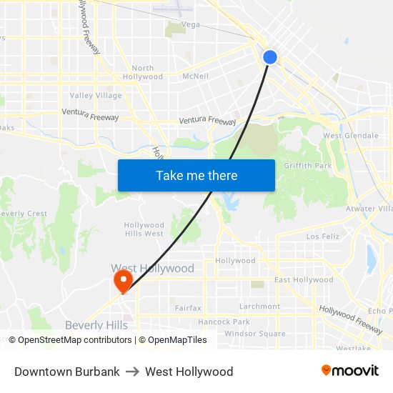Downtown Burbank to West Hollywood map