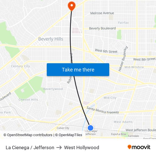 La Cienega / Jefferson to West Hollywood map