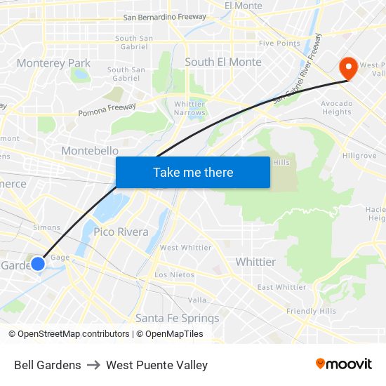 Bell Gardens to West Puente Valley map