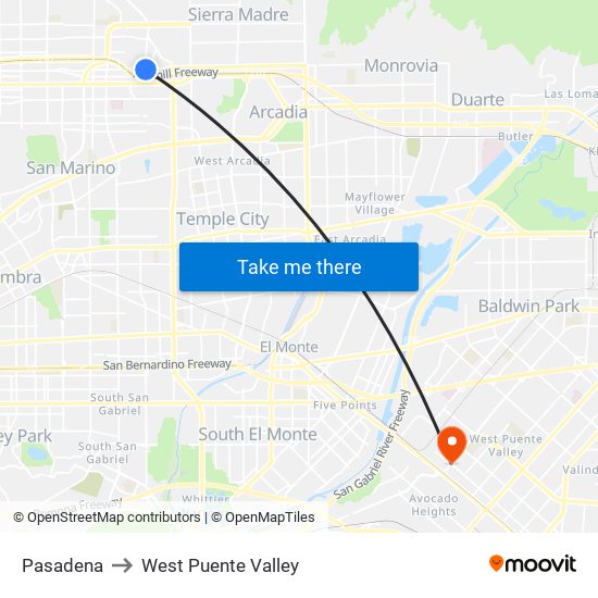 Pasadena to West Puente Valley map