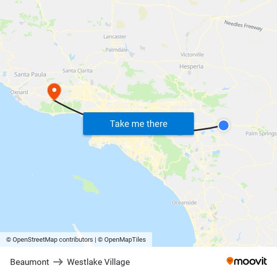 Beaumont to Westlake Village map