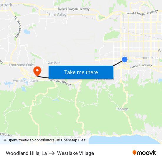 Woodland Hills, La to Westlake Village map