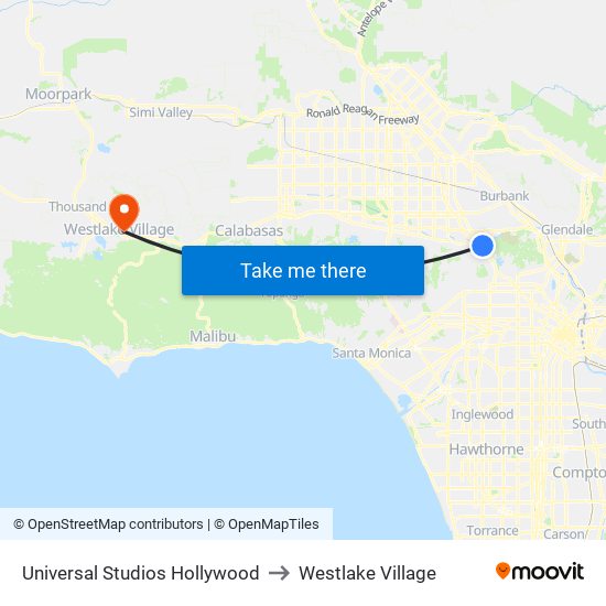 Universal Studios Hollywood to Westlake Village map