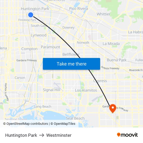 Huntington Park to Westminster map