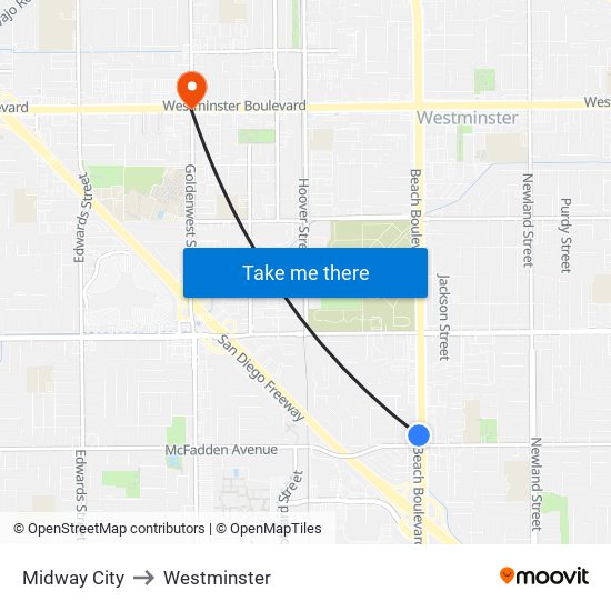 Midway City to Westminster map