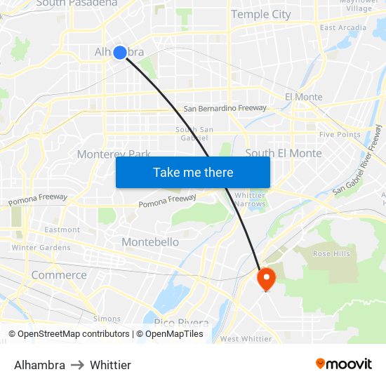 Alhambra to Whittier map