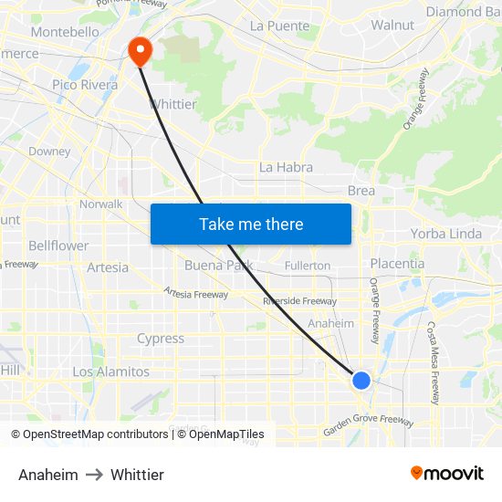 Anaheim to Whittier map