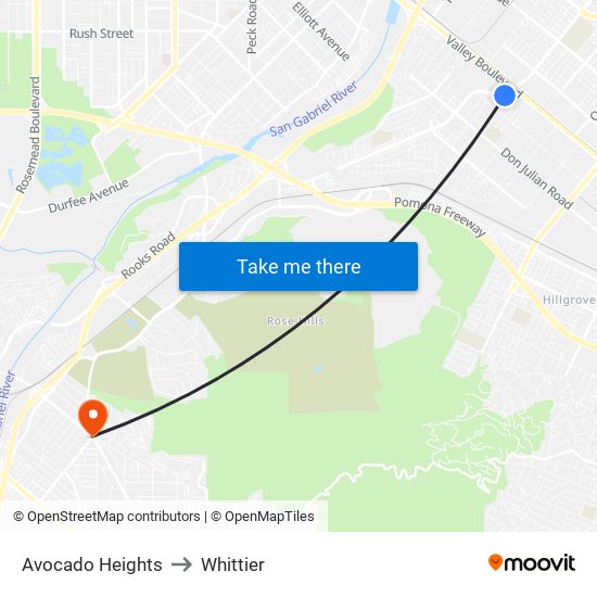 Avocado Heights to Whittier map