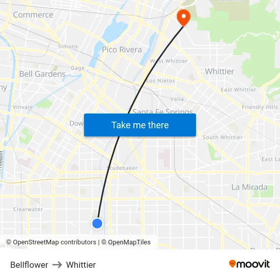 Bellflower to Whittier map