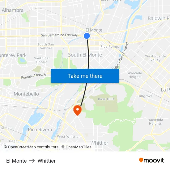 El Monte to Whittier map