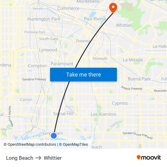 Long Beach to Whittier map