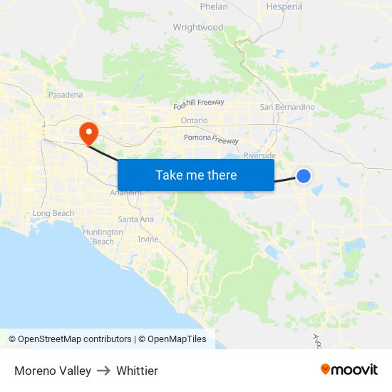 Moreno Valley to Whittier map