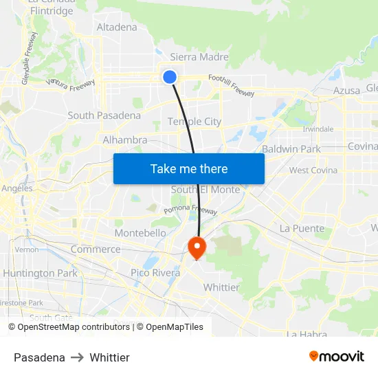 Pasadena to Whittier map