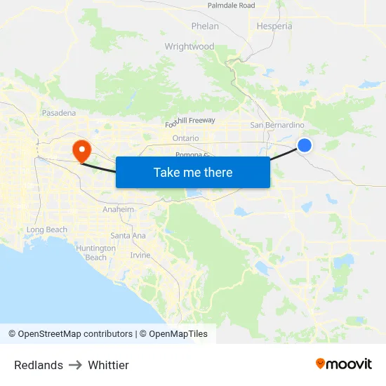 Redlands to Whittier map