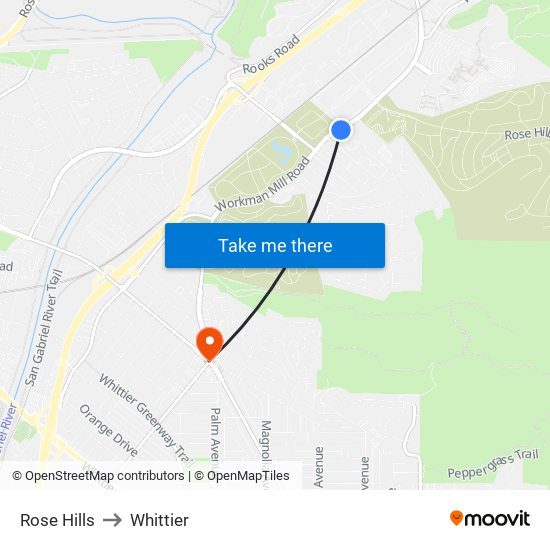 Rose Hills to Whittier map