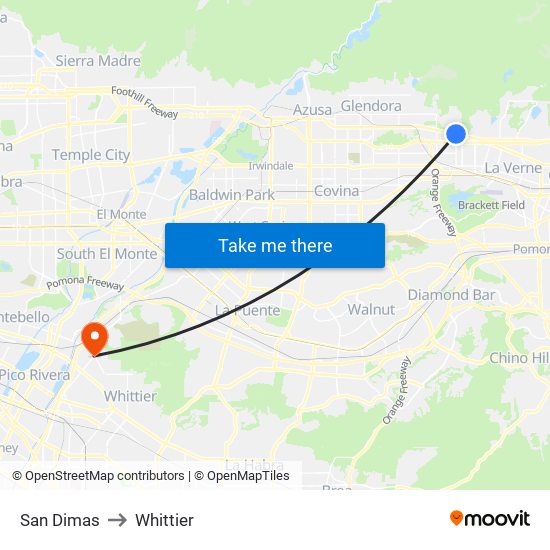 San Dimas to Whittier map