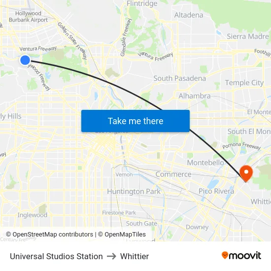 Universal Studios Station to Whittier map