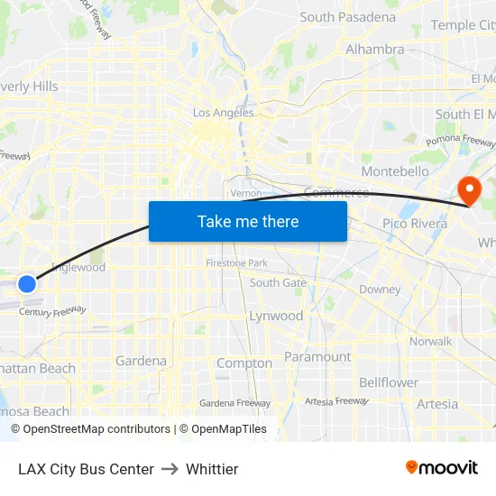 LAX City Bus Center to Whittier map