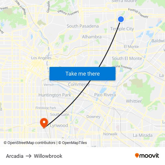 Arcadia to Willowbrook map