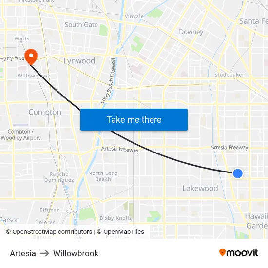 Artesia to Willowbrook map