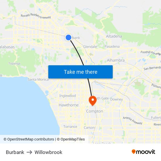 Burbank to Willowbrook map