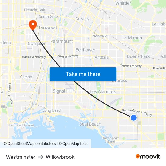 Westminster to Willowbrook map