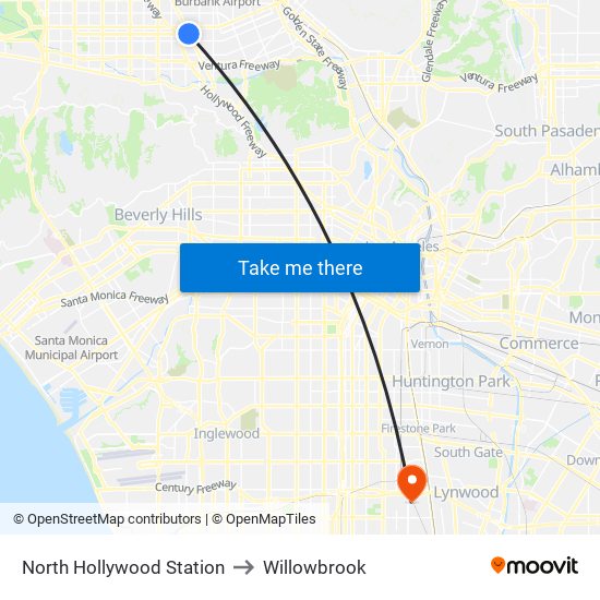 North Hollywood Station to Willowbrook map