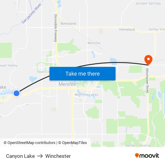 Canyon Lake to Winchester map