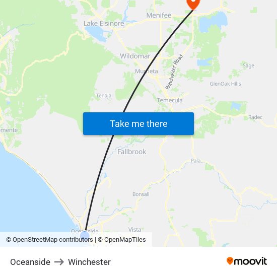 Oceanside to Winchester map