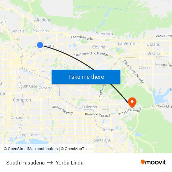 South Pasadena to Yorba Linda map