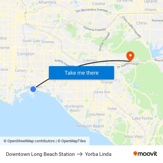Downtown Long Beach Station to Yorba Linda map