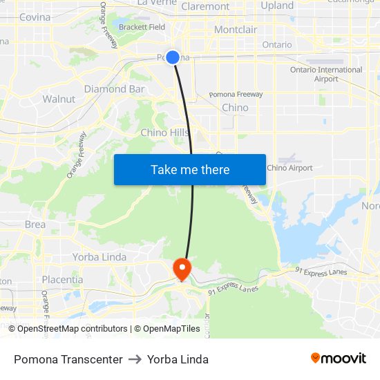 Pomona Transcenter to Yorba Linda map