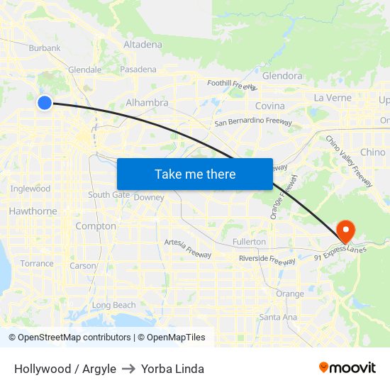 Hollywood / Argyle to Yorba Linda map