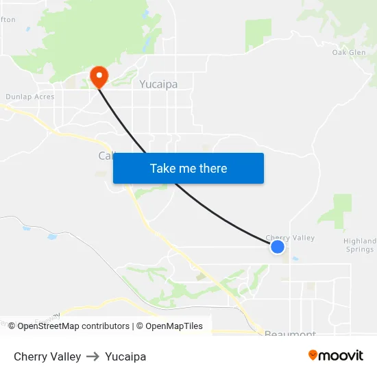 Cherry Valley to Yucaipa map