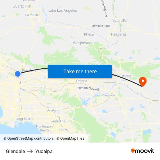 Glendale to Yucaipa map