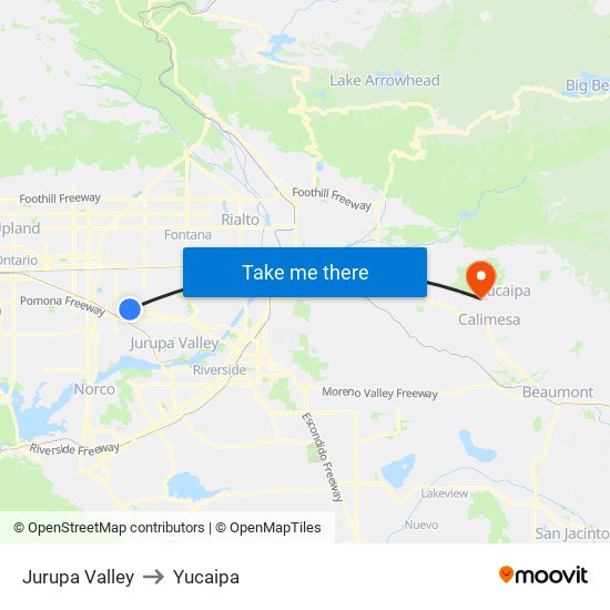 Jurupa Valley to Yucaipa map