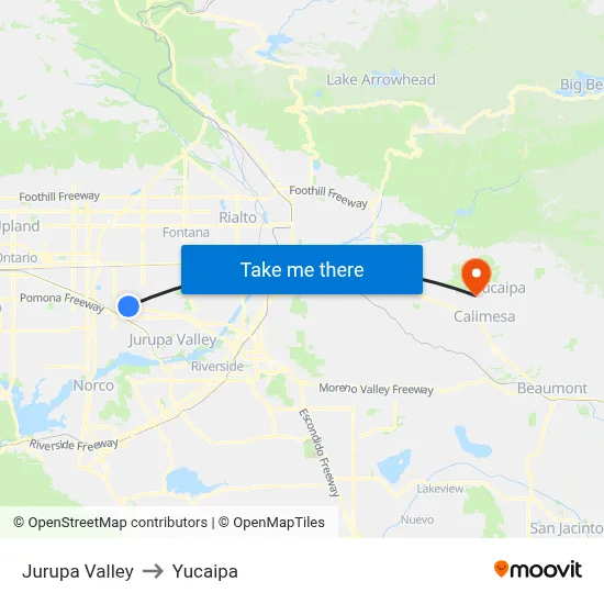 Jurupa Valley to Yucaipa map