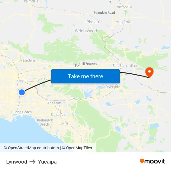 Lynwood to Yucaipa map