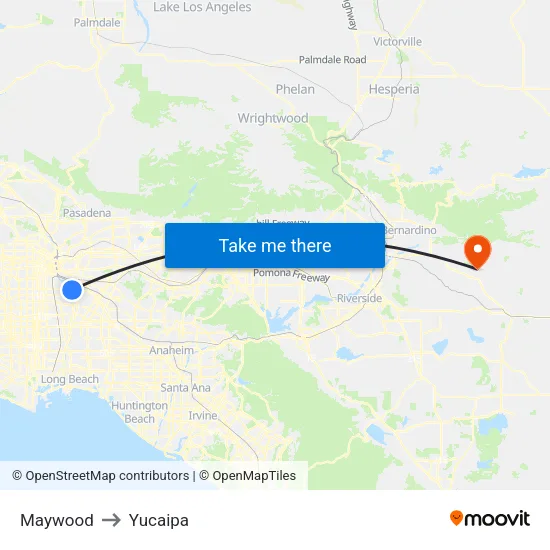 Maywood to Yucaipa map