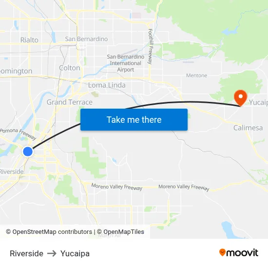 Riverside to Yucaipa map