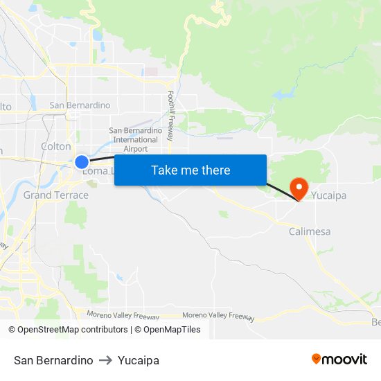 San Bernardino to Yucaipa map