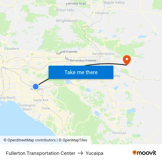 Fullerton Transportation Center to Yucaipa map