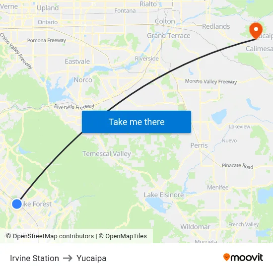 Irvine Station to Yucaipa map
