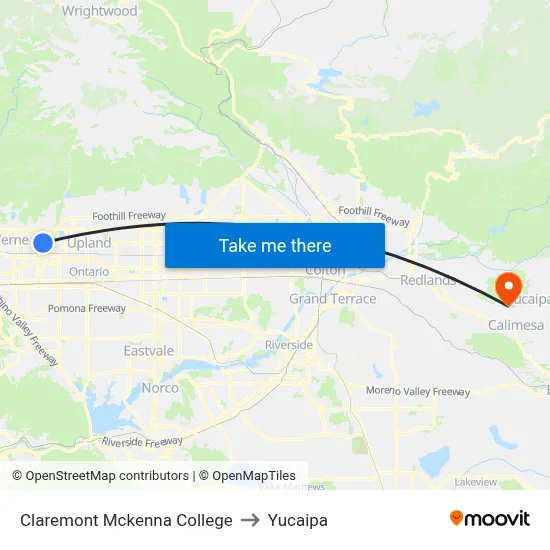 Claremont Mckenna College to Yucaipa map