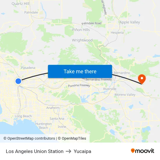 Los Angeles Union Station to Yucaipa map