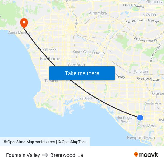 Fountain Valley to Brentwood, La map