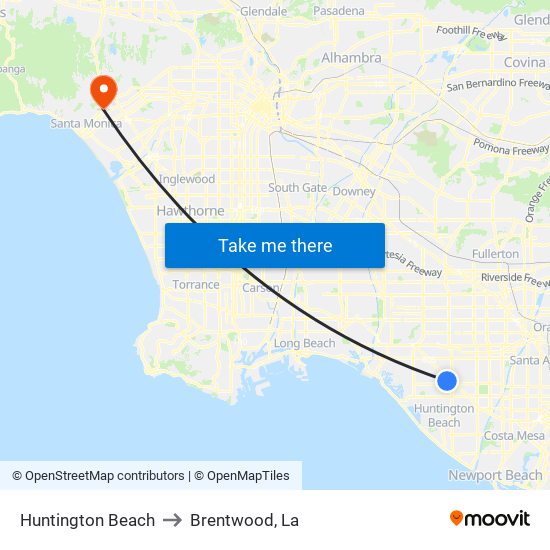 Huntington Beach to Brentwood, La map