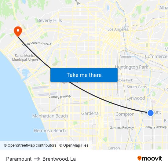 Paramount to Brentwood, La map