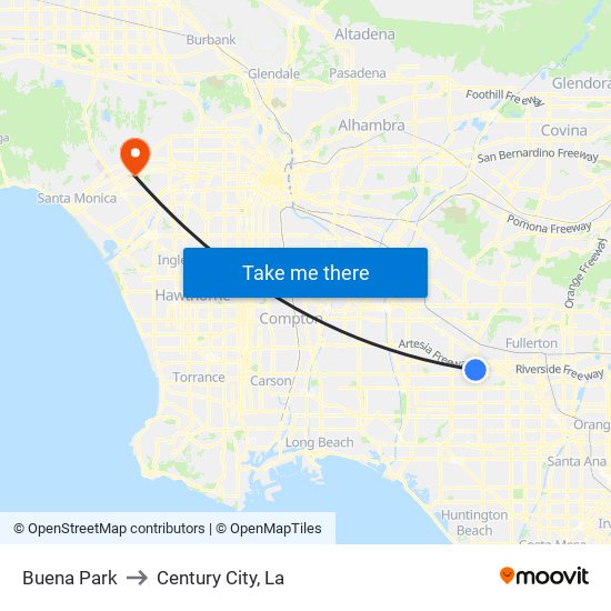 Buena Park to Century City, La map